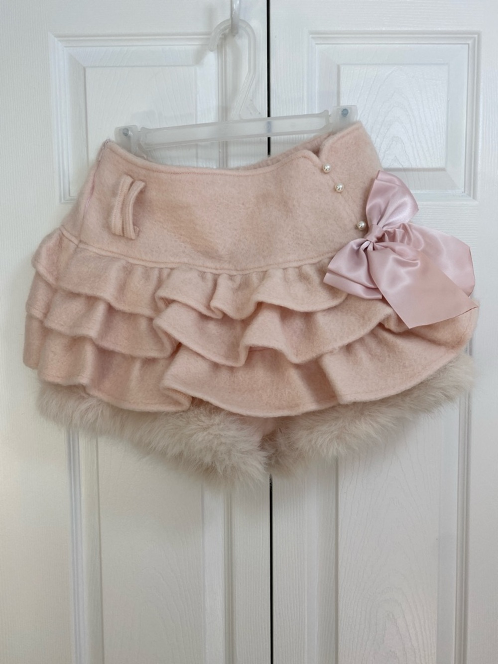 Cute Kawaii Women's Pink Ruffle Wool Mini Skirt w Built-in Fur Lined Bloomers, S